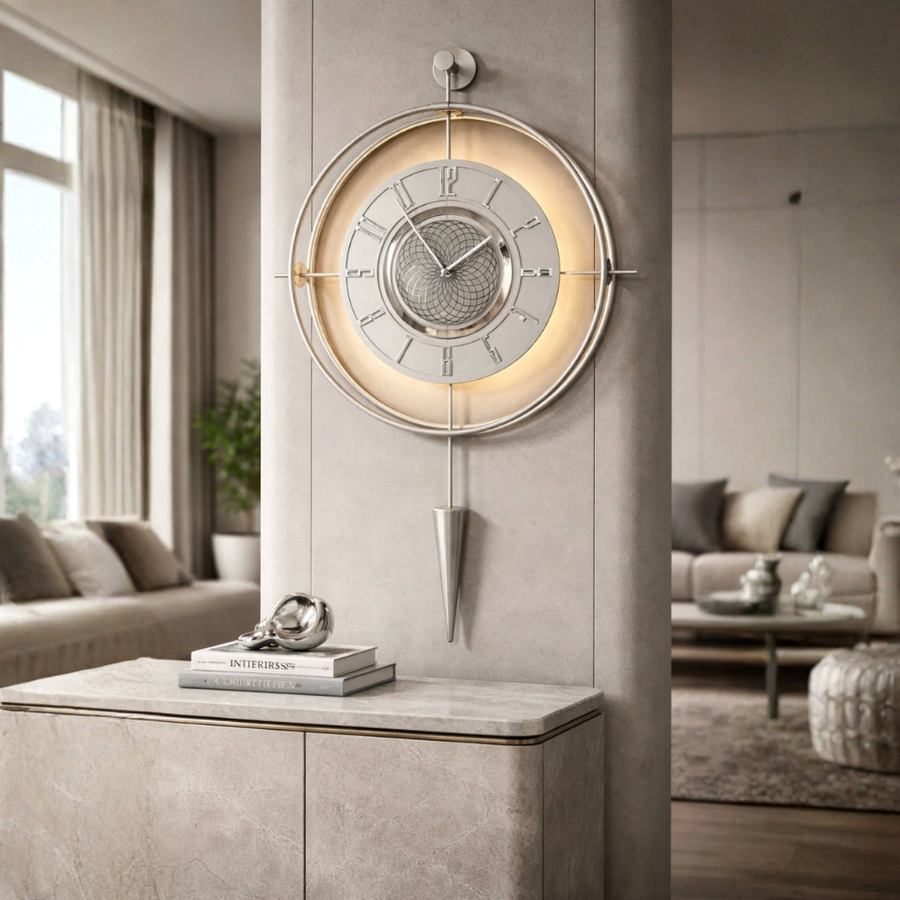 Lavinya Gümüş Kadran Ledli Exclusive Gümüş Çarklı Duvar Saati