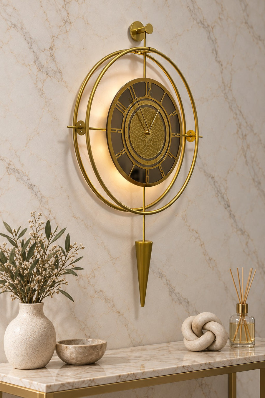 Lavinya Bronz Aynalı 50x90 cm LED’li Duvar Saati – ortam görünümü
