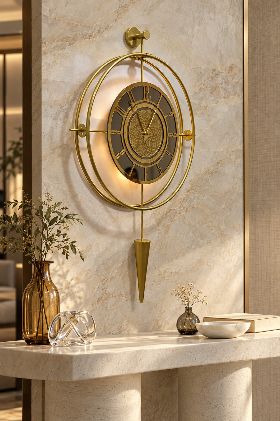 Lavinya Bronz Aynalı 50x90 cm LED’li Duvar Saati – dekorasyon örneği