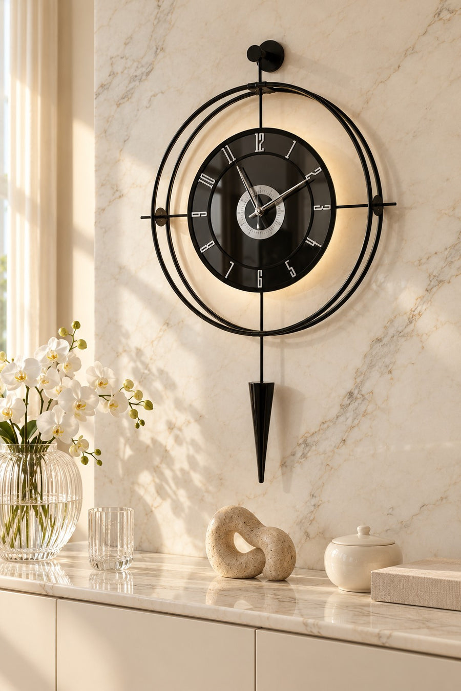 Lavinya Siyah Gümüş 50x90 cm LED’li Duvar Saati – dekorasyon örneği